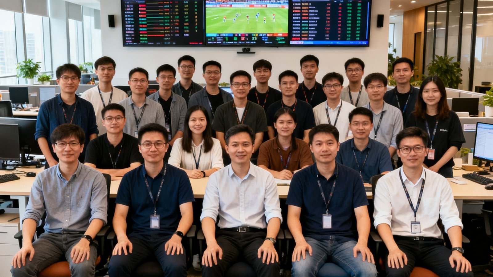 蜘蛛直播核心团队在深圳科技园开放式办公室合影，技术研发与运营团队共35人，墙上大屏幕实时显示赛事数据